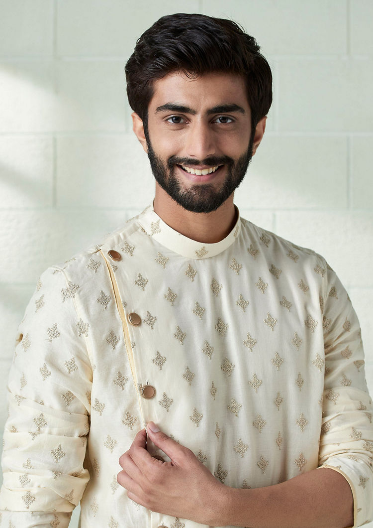 Twamev Men Cream and Biscuit Beige Angrakha Style Kurta Set image number 0