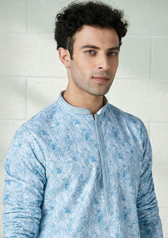 alt message - Twamev Men Sky Blue Printed Chikankari Kurta Set