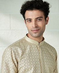 Twamev Men Biscuit Gold Self Patterned Kurta Set