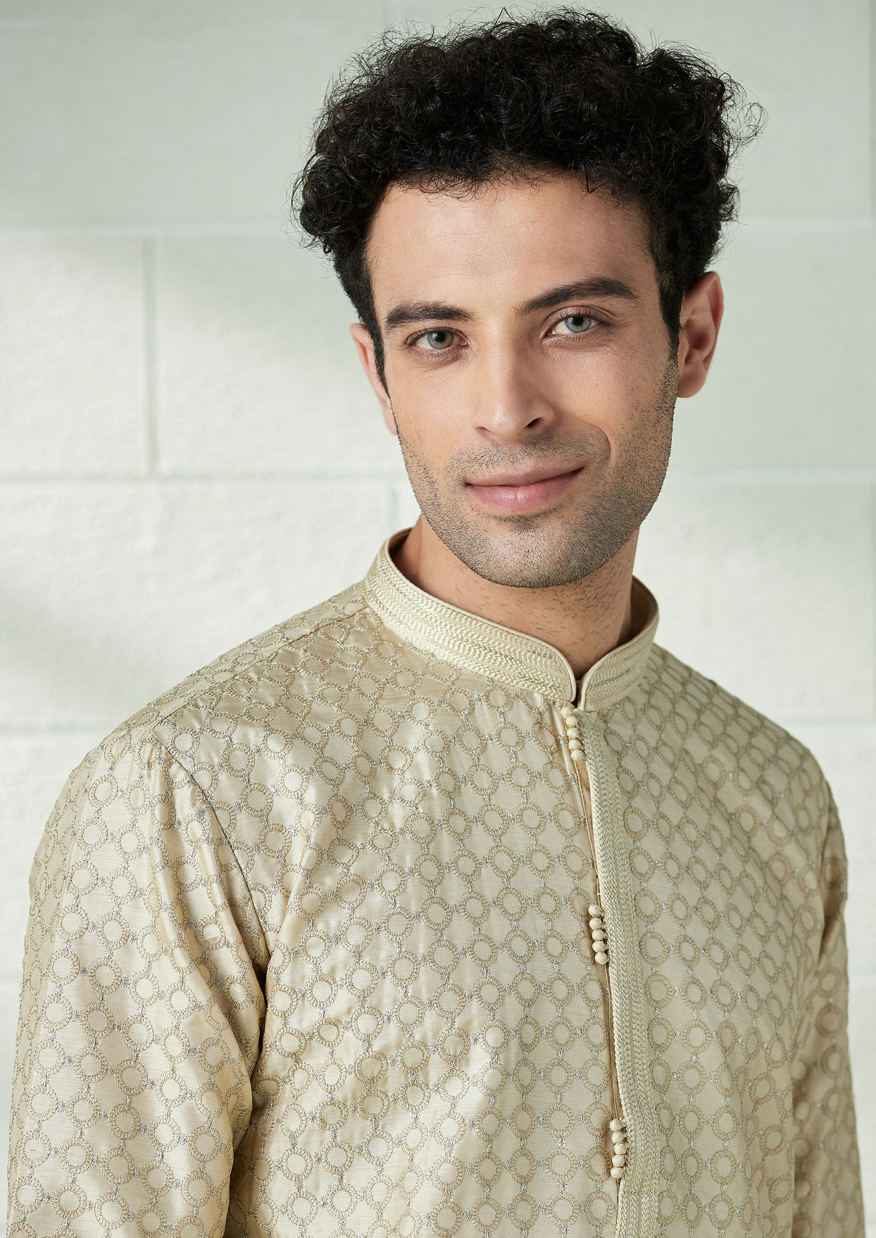 alt message - Twamev Men Biscuit Gold Self Patterned Kurta Set image number 0