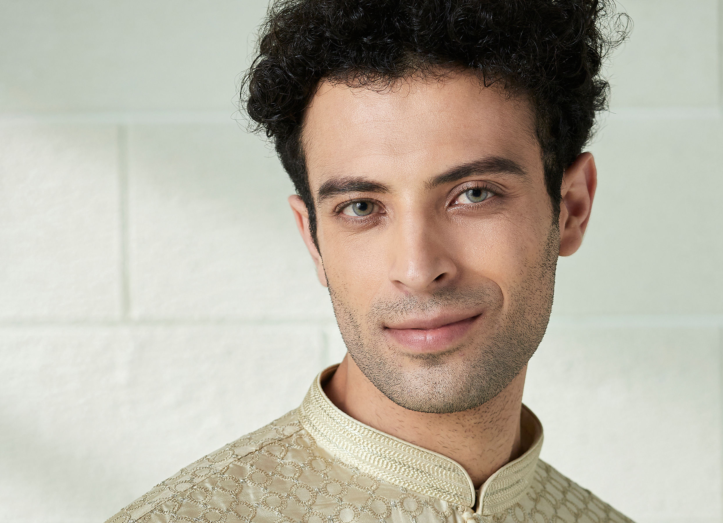 Twamev Men Biscuit Gold Self Patterned Kurta Set