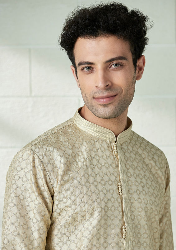 Twamev Men Biscuit Gold Self Patterned Kurta Set image number 0