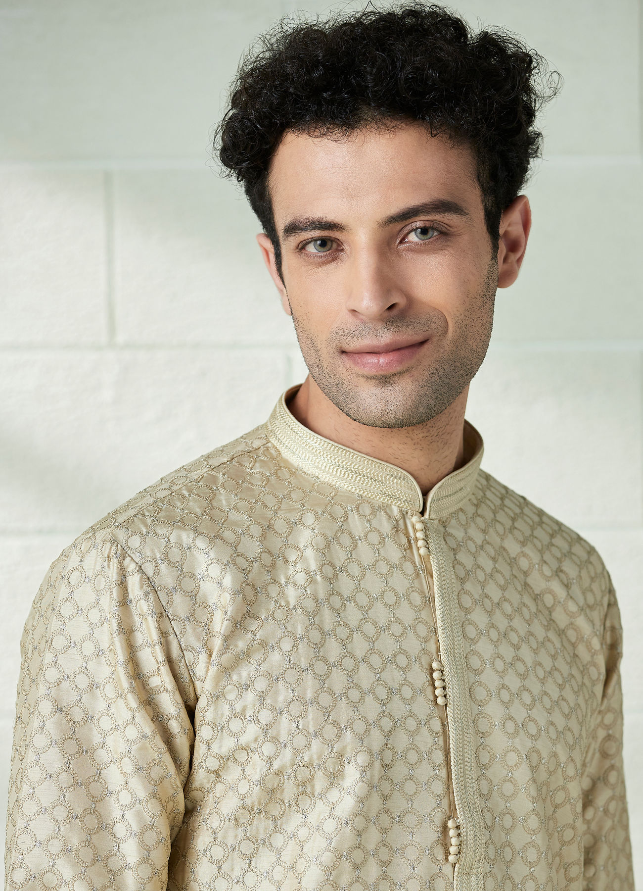 Twamev Men Biscuit Gold Self Patterned Kurta Set