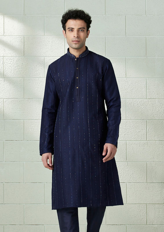 Twamev Men Ink Blue Striped Design Kurta Set
