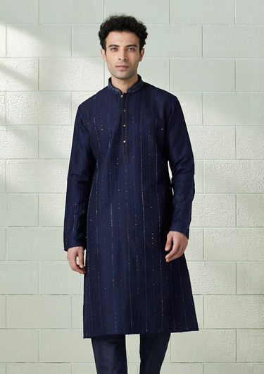 alt message - Twamev Men Ink Blue Striped Design Kurta Set image number 1