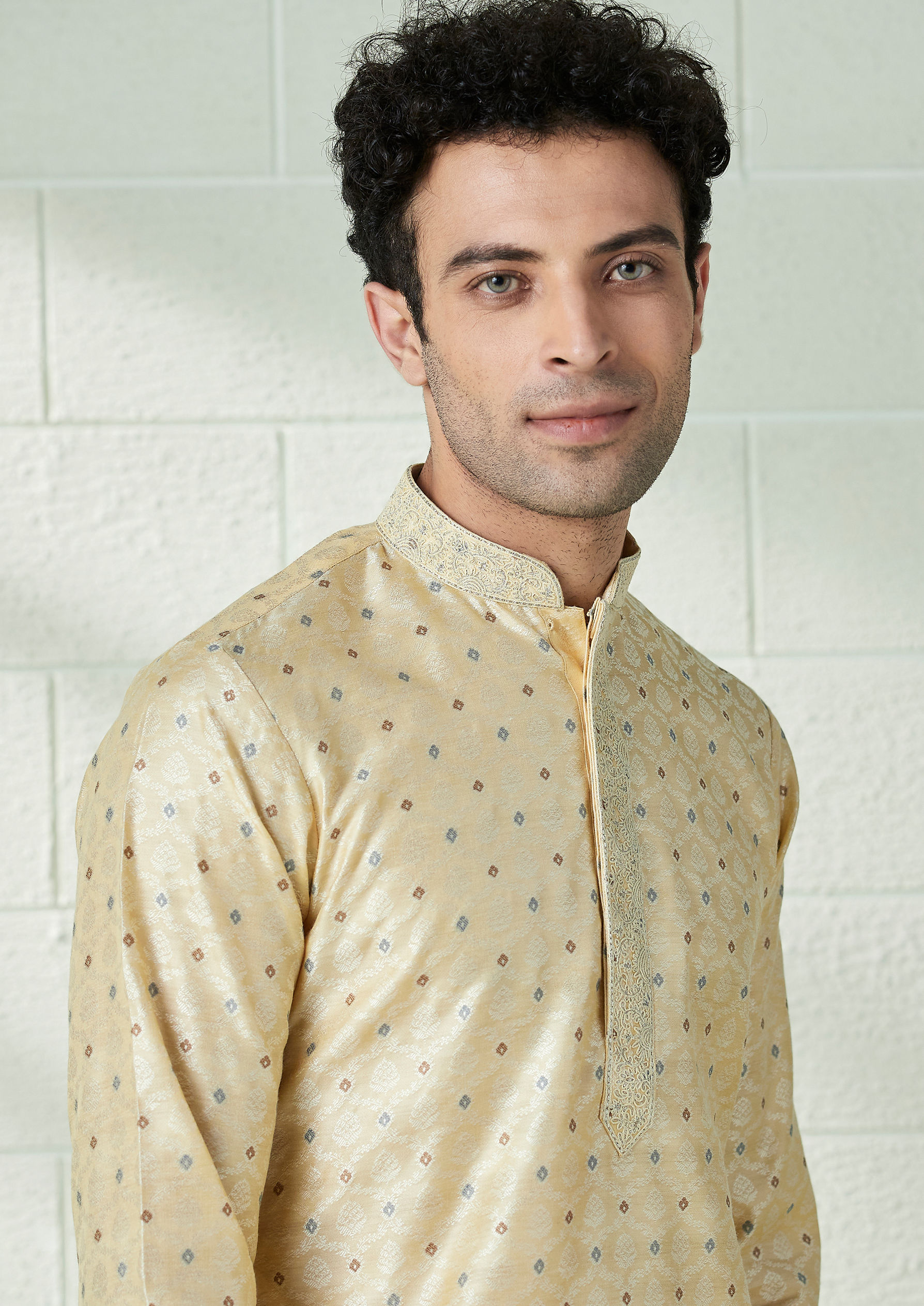 Twamev Men Buttermilk Yellow Brocade Kurta Set