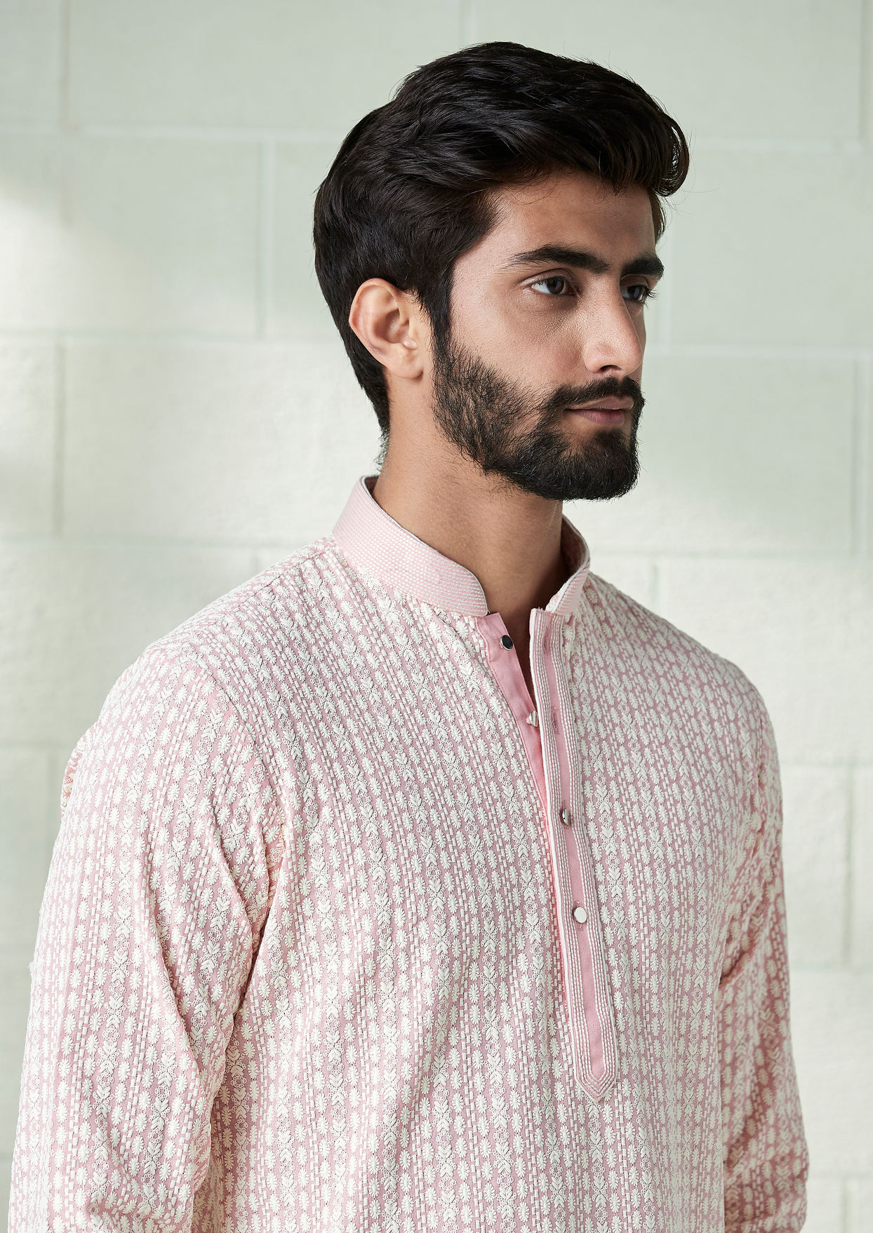 alt message - Twamev Men Rosewater Pink Embroidered Kurta Set image number 0