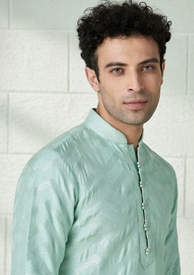 alt message - Twamev Men Seafoam Green Chevron Patterned Kurta Set image number 0