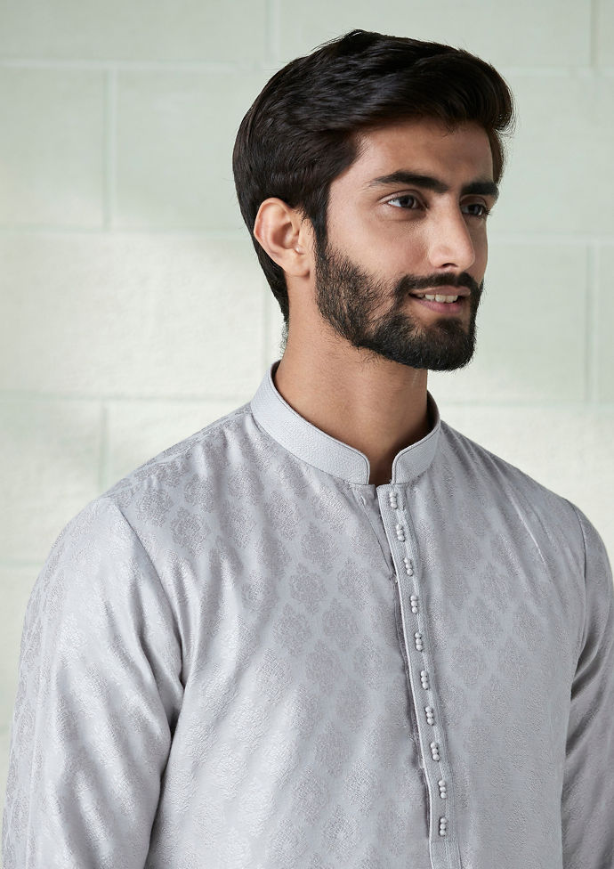Twamev Men Cloud Silver Grey Self Pattern Kurta Set