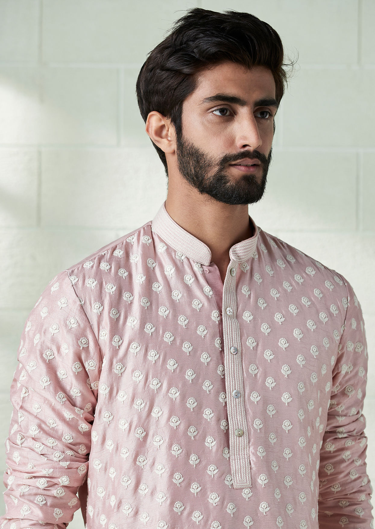 alt message - Twamev Men Carnation Pink Floral Motif Kurta Set image number 0