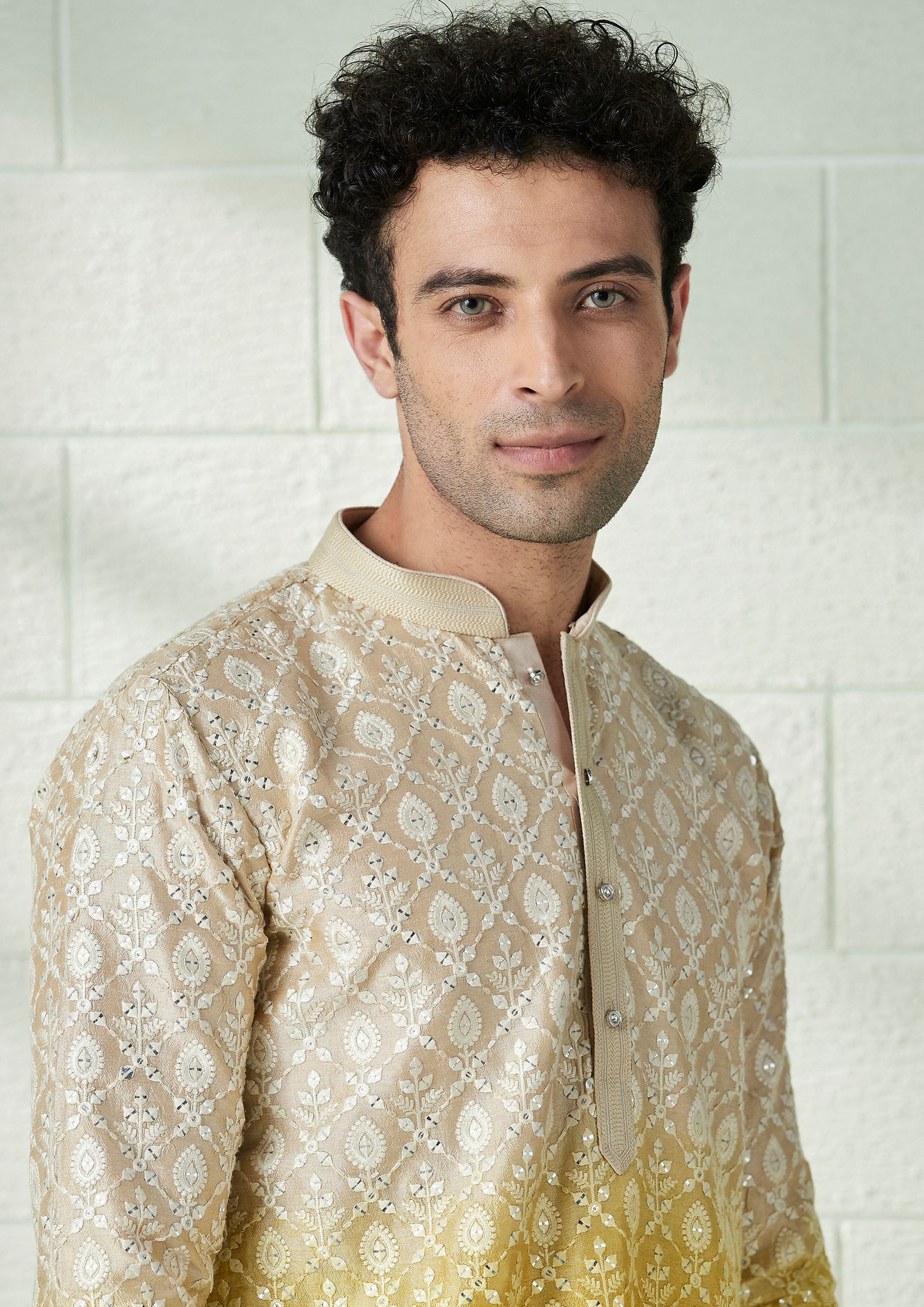 Twamev Men Beige and Yellow Ombre Effect Mirror Work Kurta Set