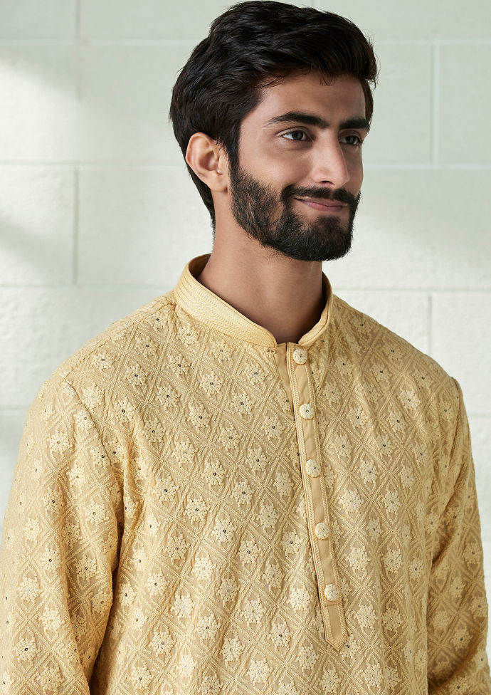 Twamev Men Fawn Yellow Chikankari Embroidered Kurta Set