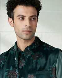 Manyavar Men Moss Green Printed Kurta Jacket Set