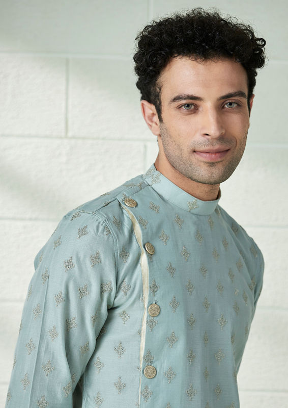 Twamev Men Light Teal Angrakha Style Kurta Set