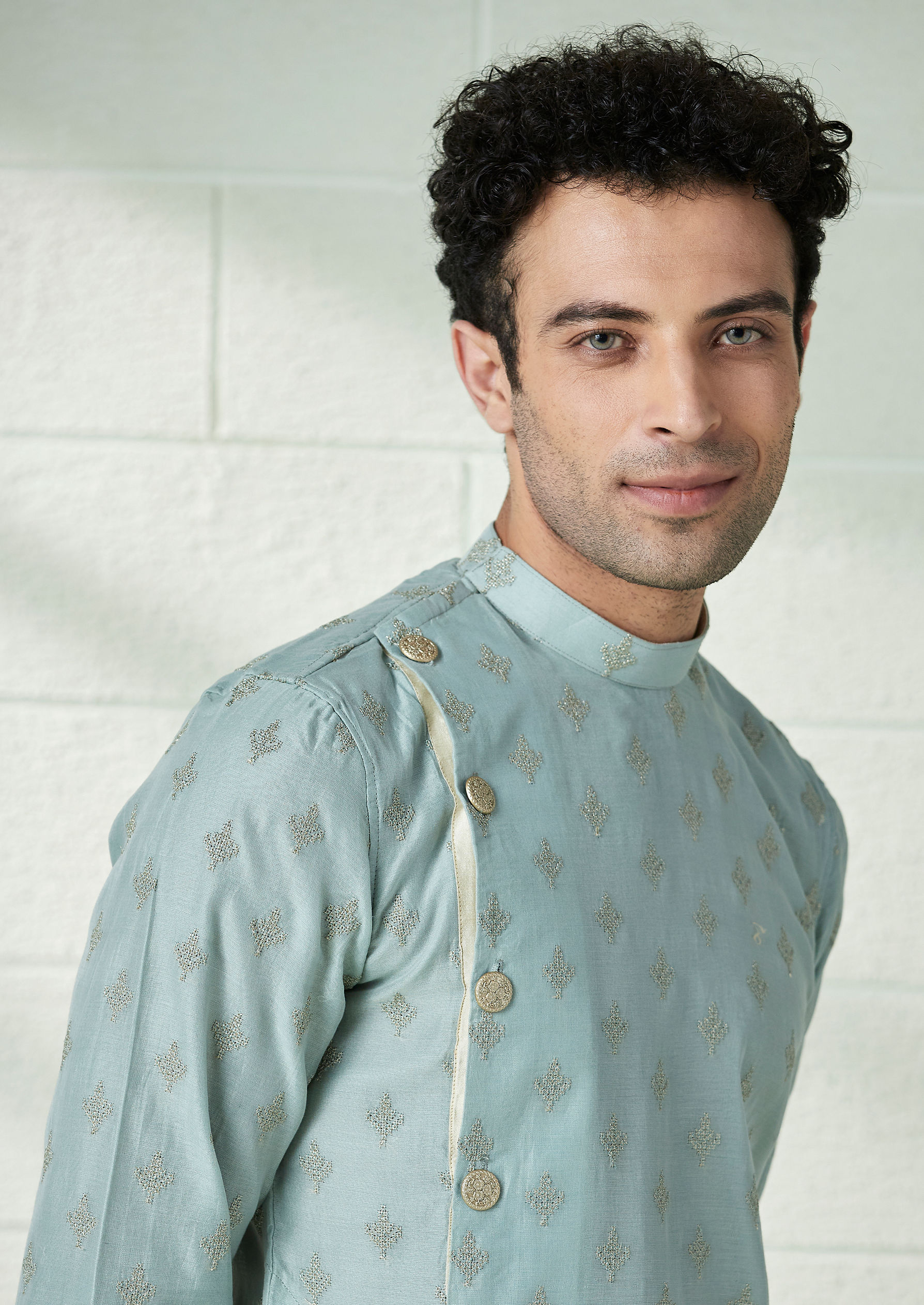 Twamev Men Light Teal Angrakha Style Kurta Set