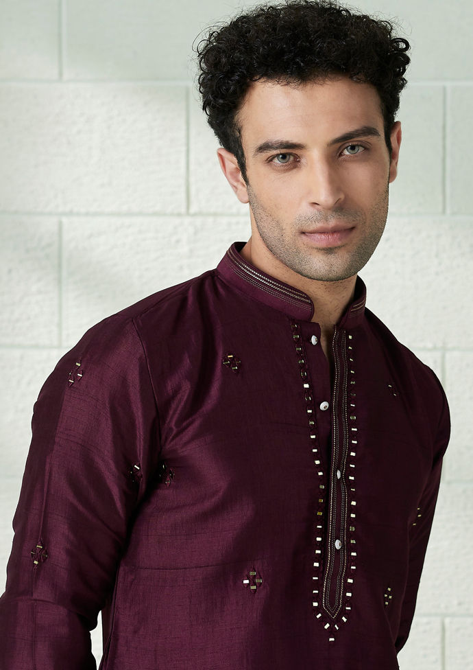 Twamev Men Wine Red Silk Mirror Work Embroidered Kurta Set