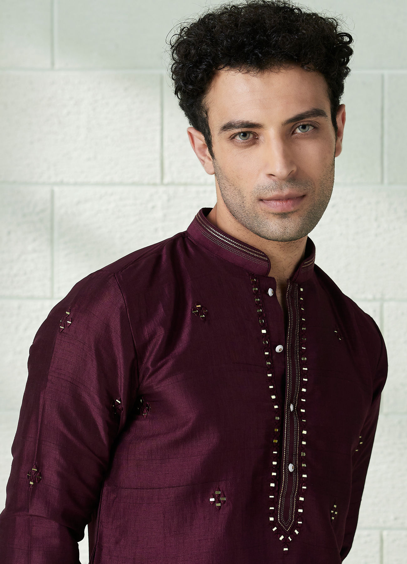 Twamev Men Wine Red Mirror Work Kurta Set