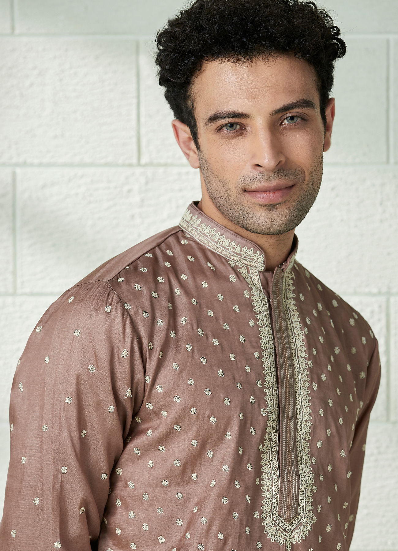 Twamev Men Mocha Brown Speckle Motif Kurta Set