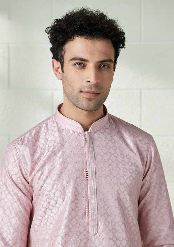 Twamev Men Blush Pink Self Motif Kurta Set image number 0