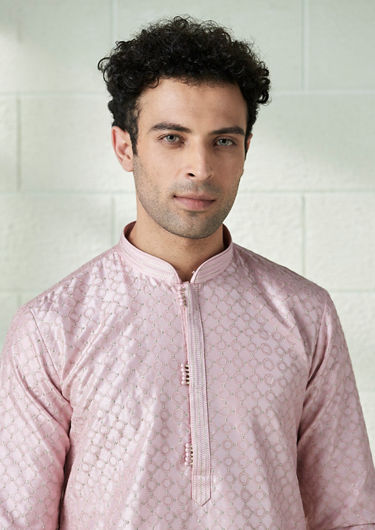 alt message - Twamev Men Blush Pink Self Motif Kurta Set image number 0