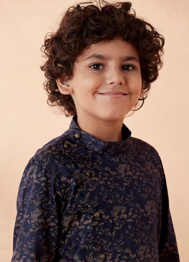 Manyavar Boys Boys Blue Floral Printed Side Open Kurta Set