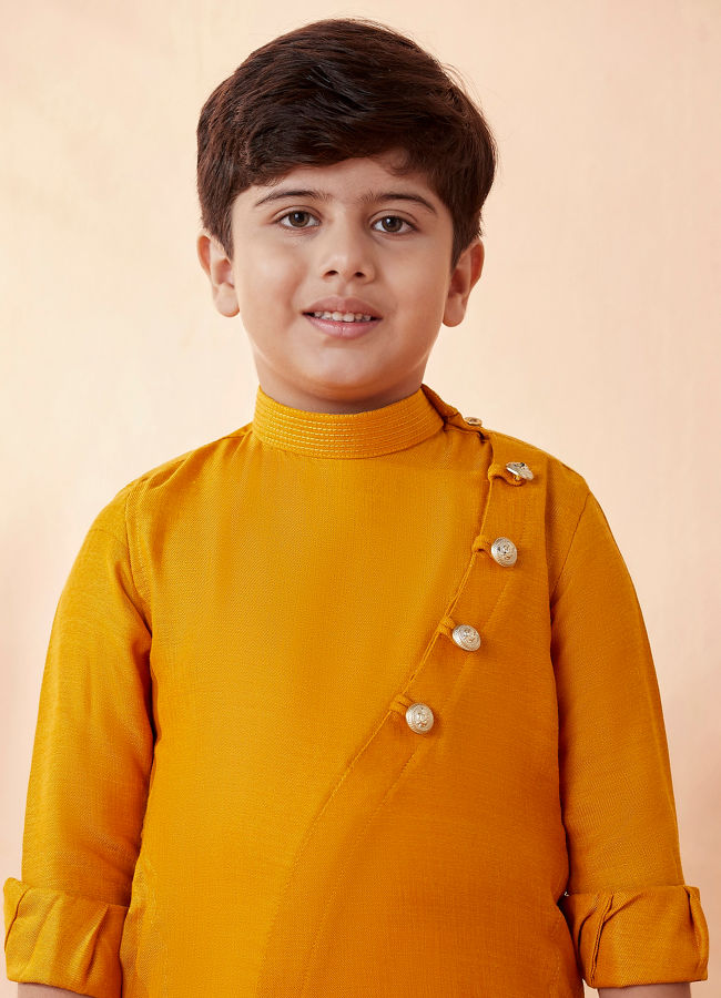 Boys Mustard Orange Plain Kurta Set image number 0