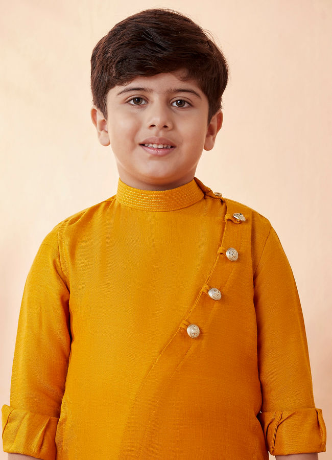 alt message - Manyavar Boys Boys Mustard Orange Plain Kurta Set image number 0