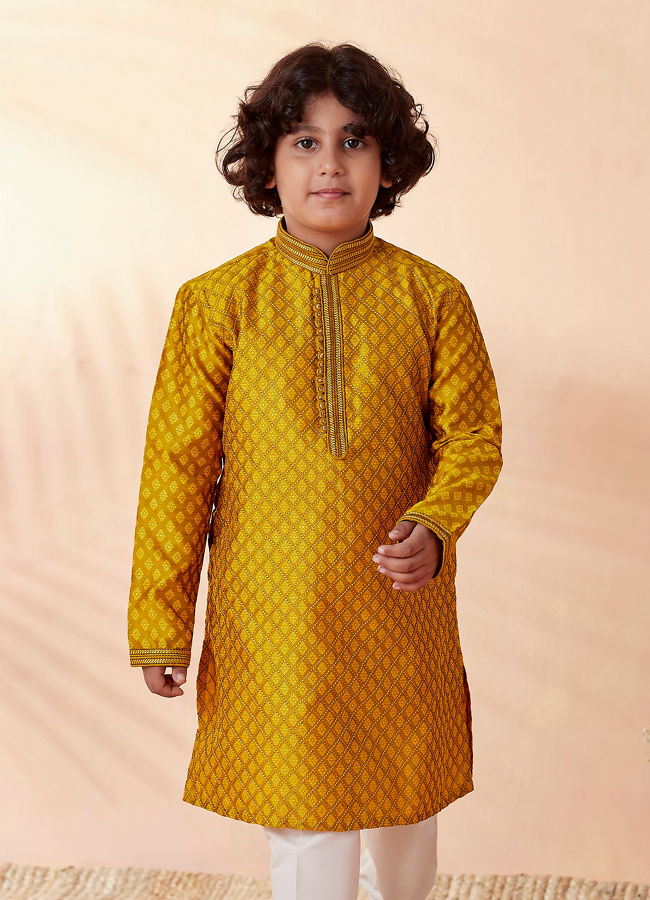 alt message - Manyavar Boys Boys Gold Yellow Jacquard Kurta Set image number 0