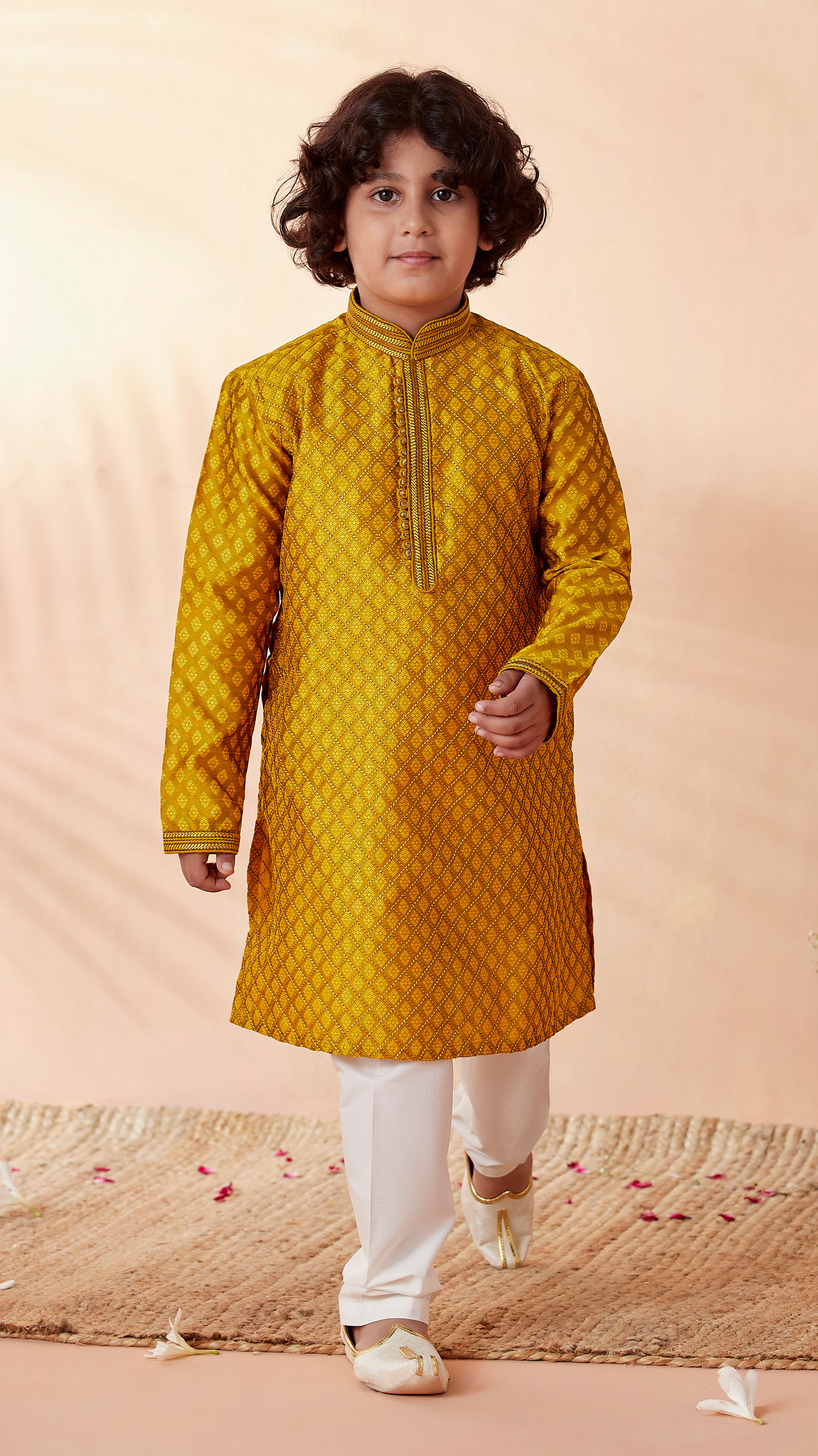 Manyavar Boys Boys Gold Yellow Jacquard Kurta Set