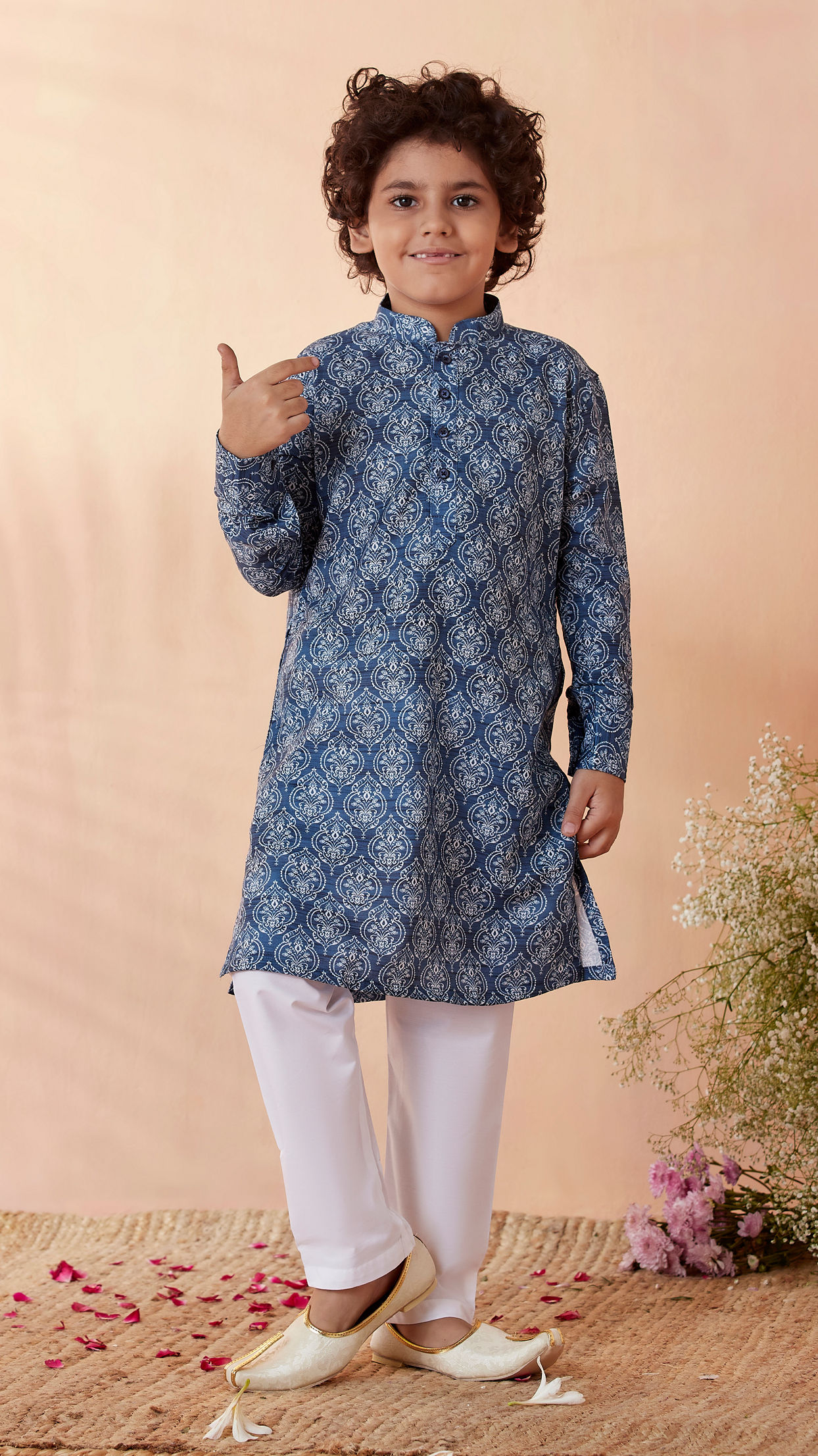 Boys Blue Print Kurta Set image number 1