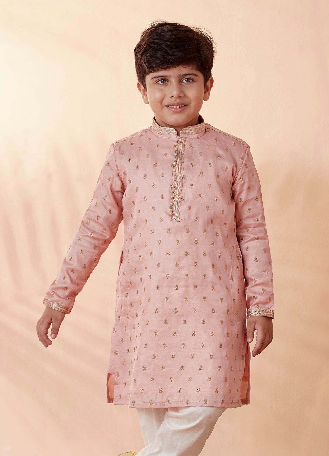 Manyavar Boys Boys Coral Pink Self Motif Kurta Set