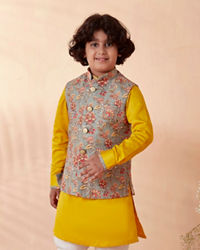 Manyavar Boys Boys Grey And Yellow Kurta Jacket Set