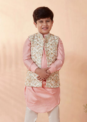 Boys Cream Jacket With Peach Kurta Set image number 2