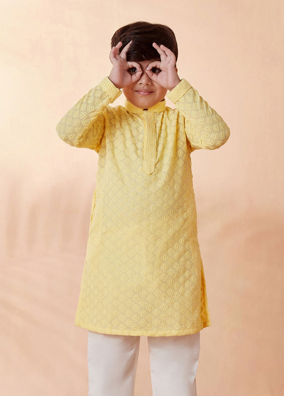 Manyavar Boys Boys Light Yellow Chikan Kurta Set