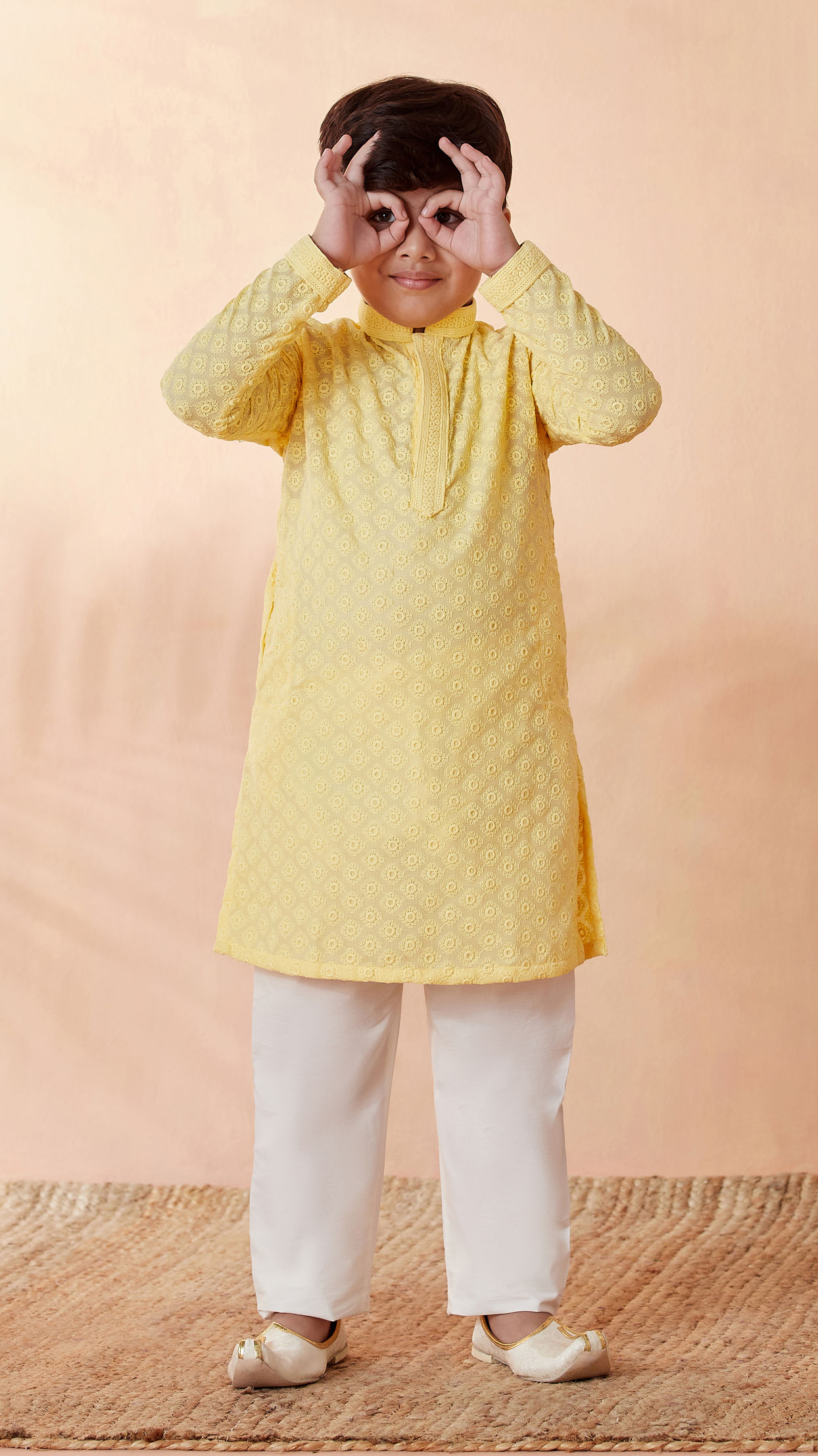 Manyavar Boys Boys Light Yellow Chikan Kurta Set