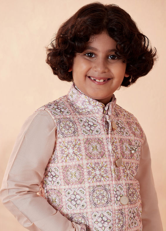 Manyavar Boys Boys Pink Chikan Kurta Jacket Set