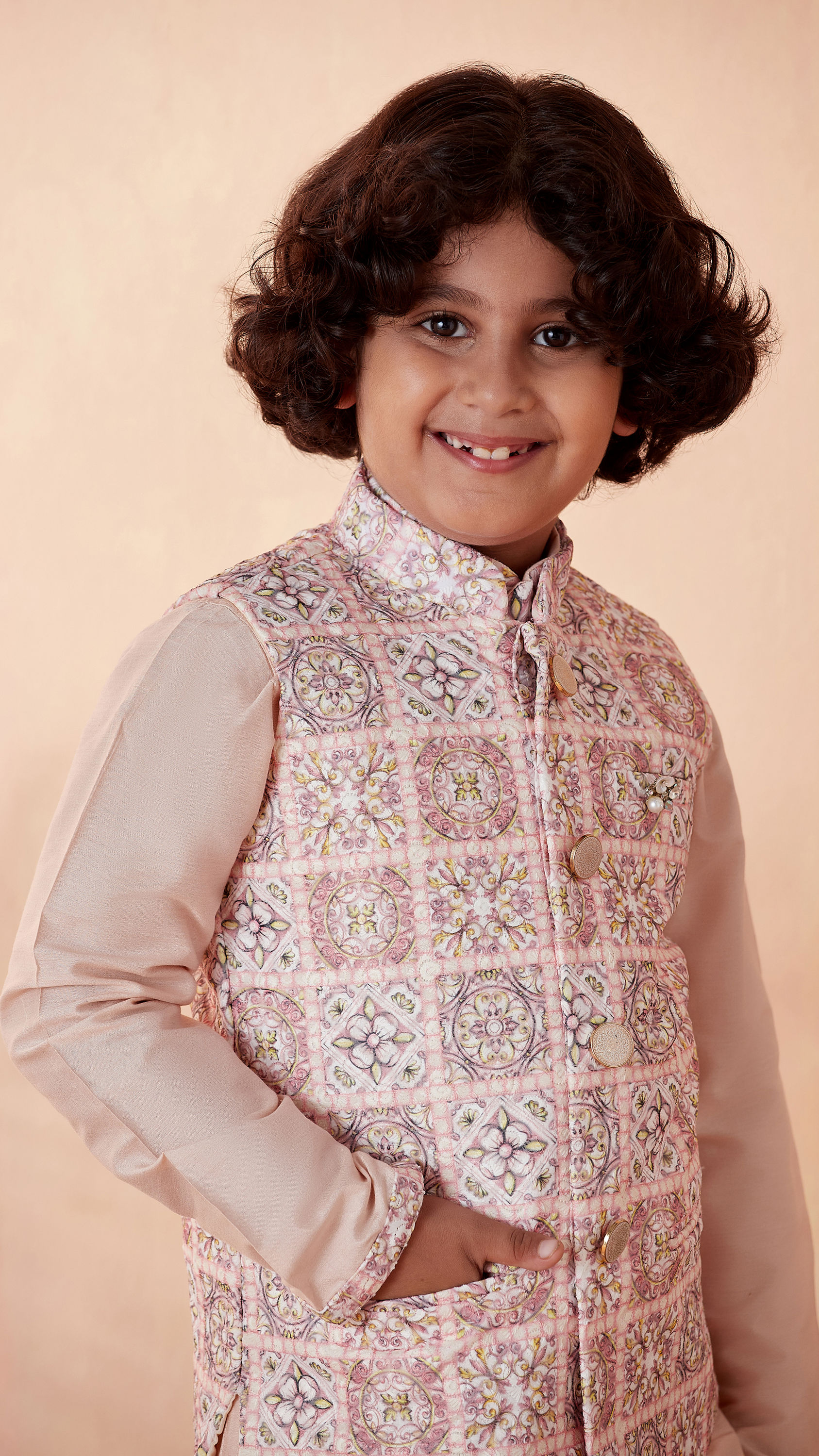 Manyavar Boys Boys Pink Chikan Kurta Jacket Set