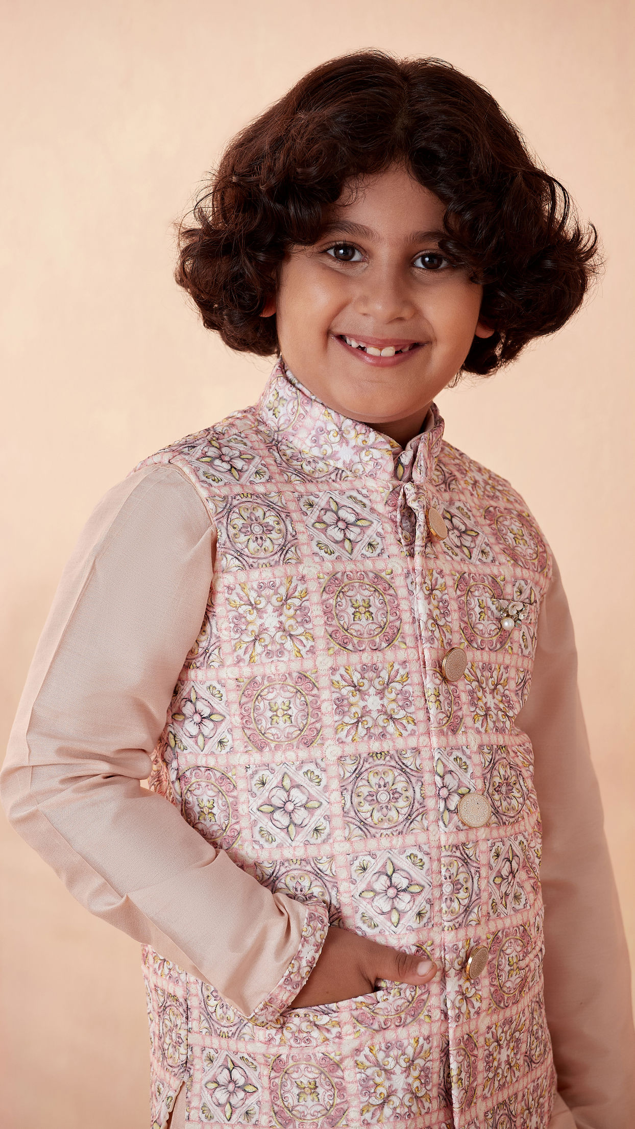 Boys Pink Chikan Kurta Jacket Set image number 0