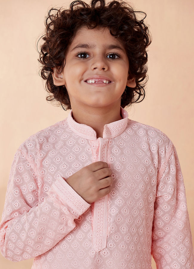 Boys Pink Chikan Kurta Set image number 0