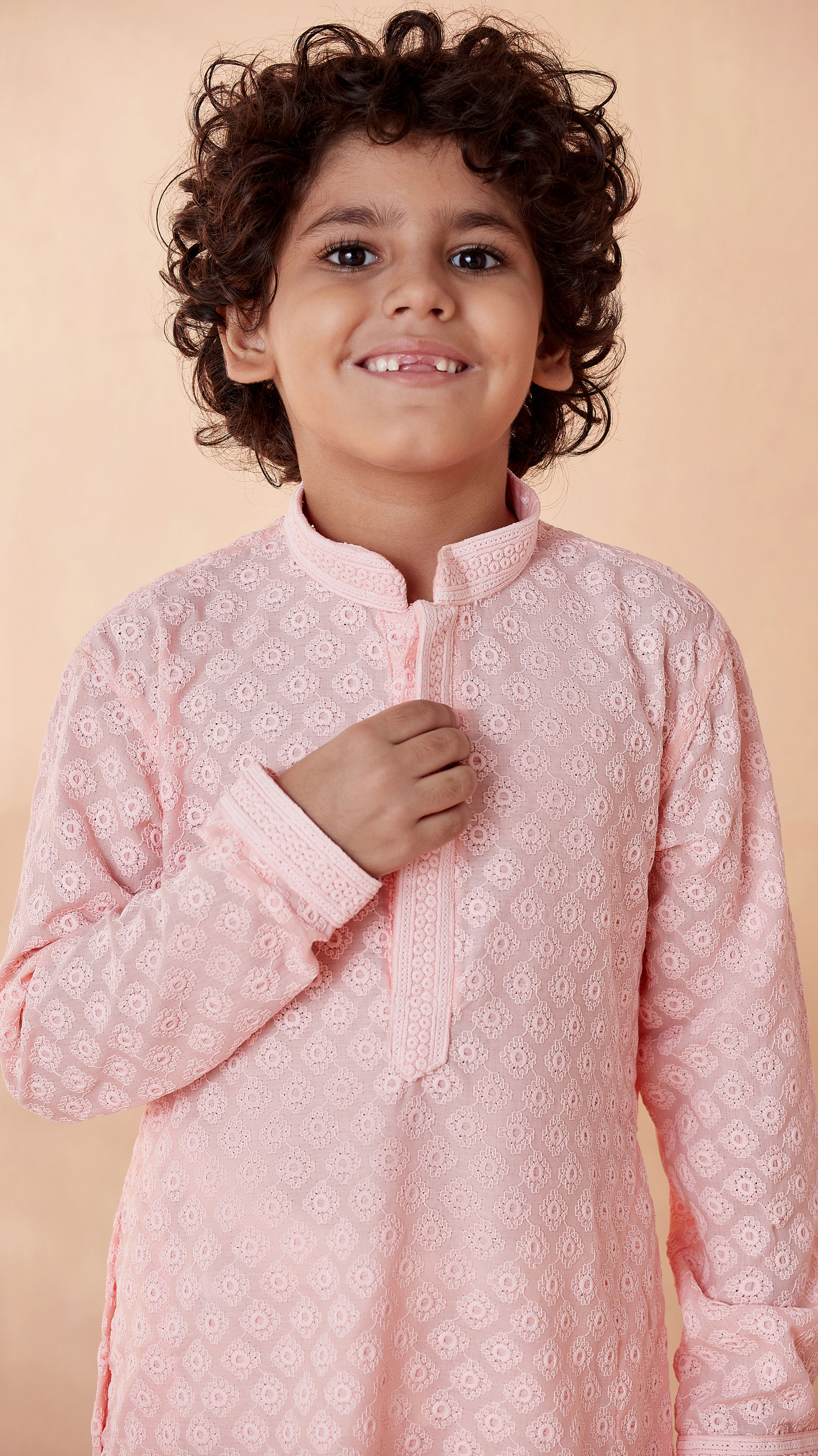 Manyavar Boys Boys Pink Chikan Kurta Set