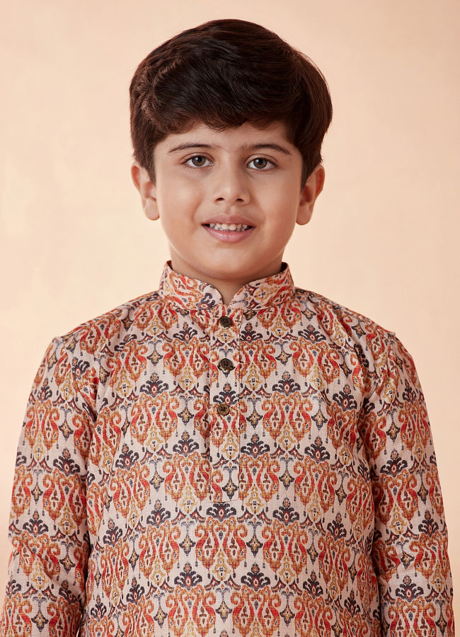 alt message - Manyavar Boys Boys Orange Printed Kurta Set image number 0