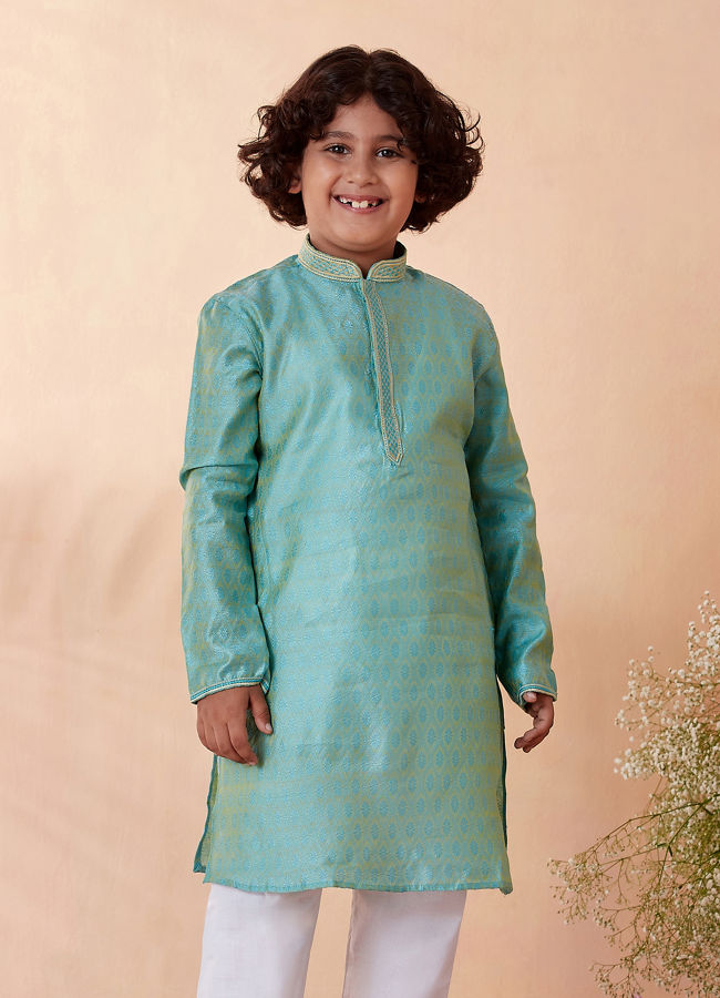 Boys Jade Blue Jacquard Kurta Set image number 1