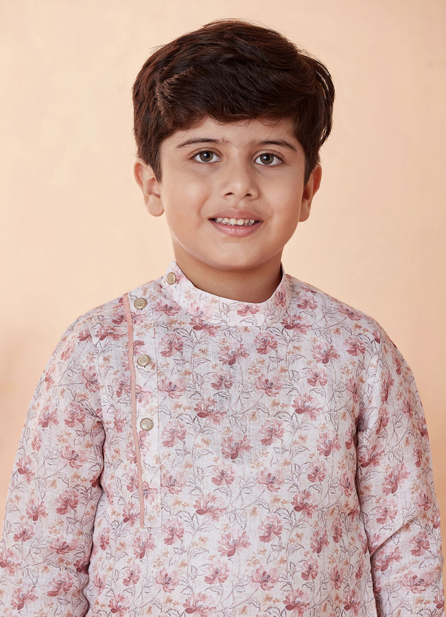 alt message - Manyavar Boys Boys Beige Side Open Printed Kurta Set image number 0