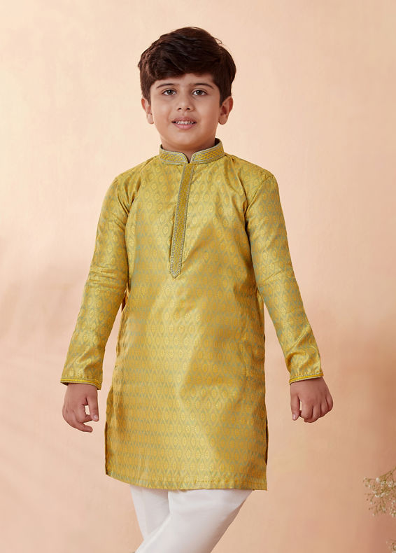 Manyavar Boys Boys Yellow Jacquard Kurta Set