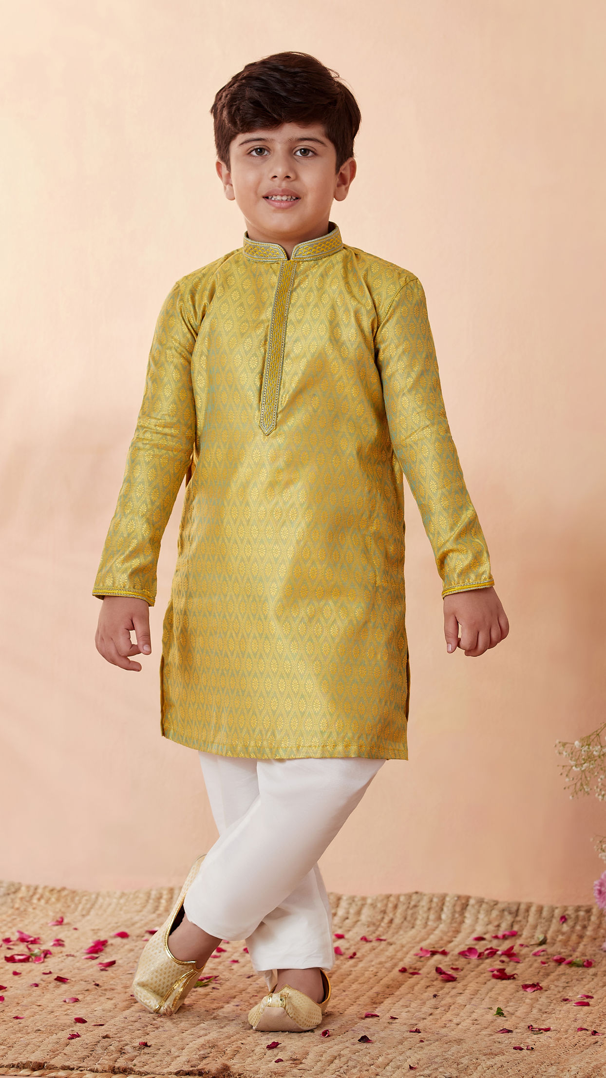 Manyavar Boys Boys Yellow Jacquard Kurta Set