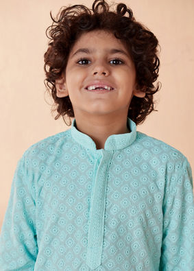 Boys Sea Green Chikan Kurta Set image number 0