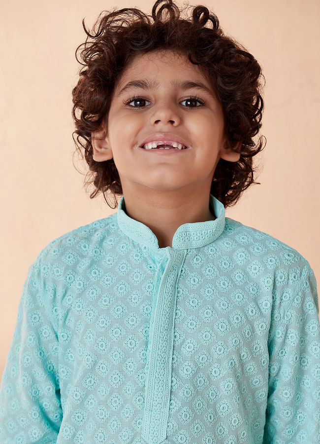 alt message - Manyavar Boys Boys Sea Green Chikan Kurta Set image number 0