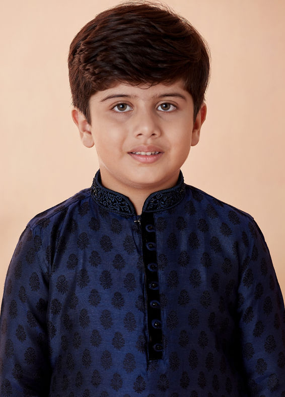 Manyavar Boys Boys Navy Blue Motif Design Kurta Set