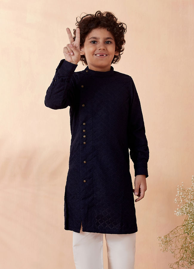 Manyavar Boys Boys Navy Blue Side Open Kurta Set