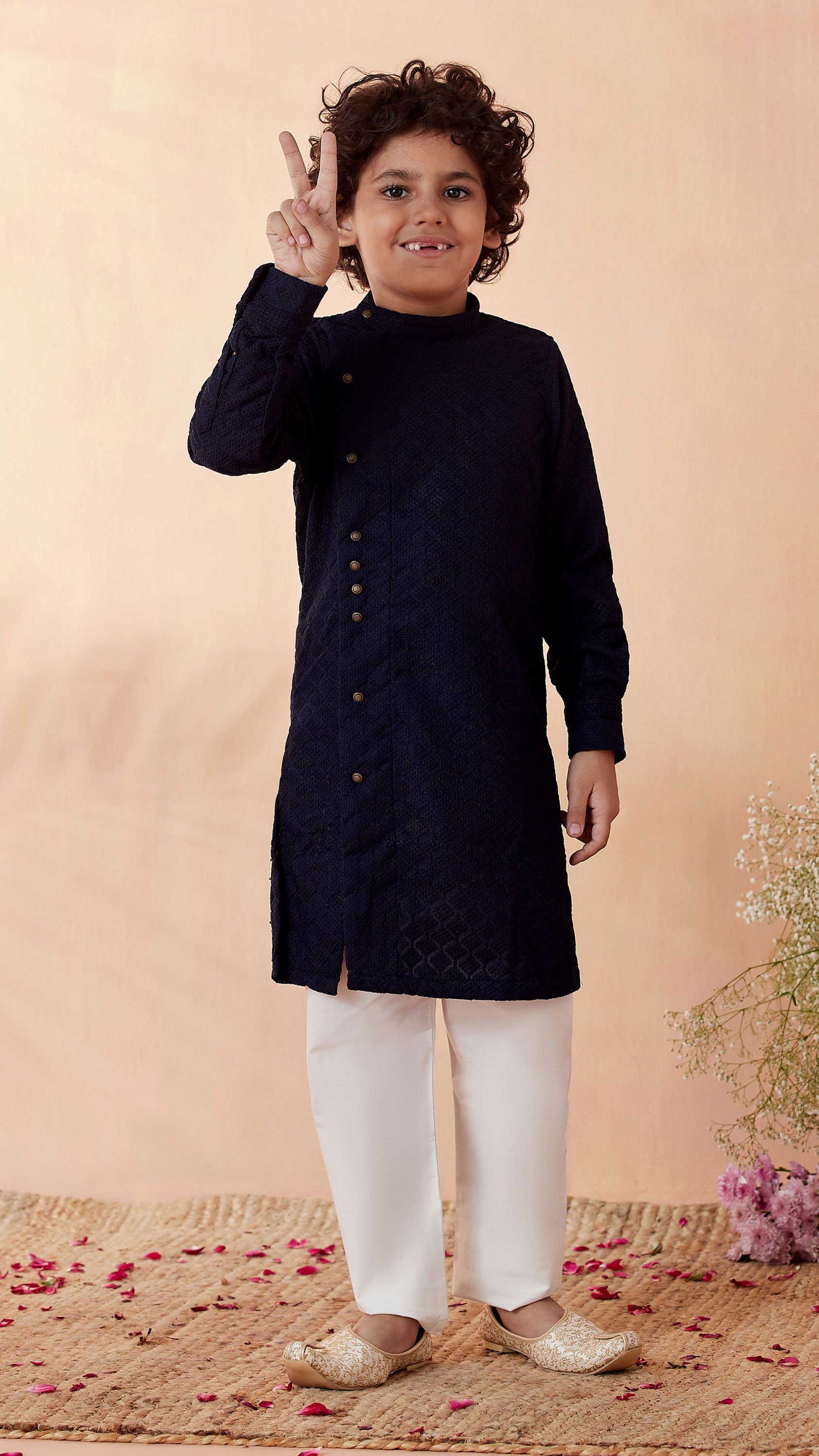 Manyavar Boys Boys Navy Blue Side Open Kurta Set